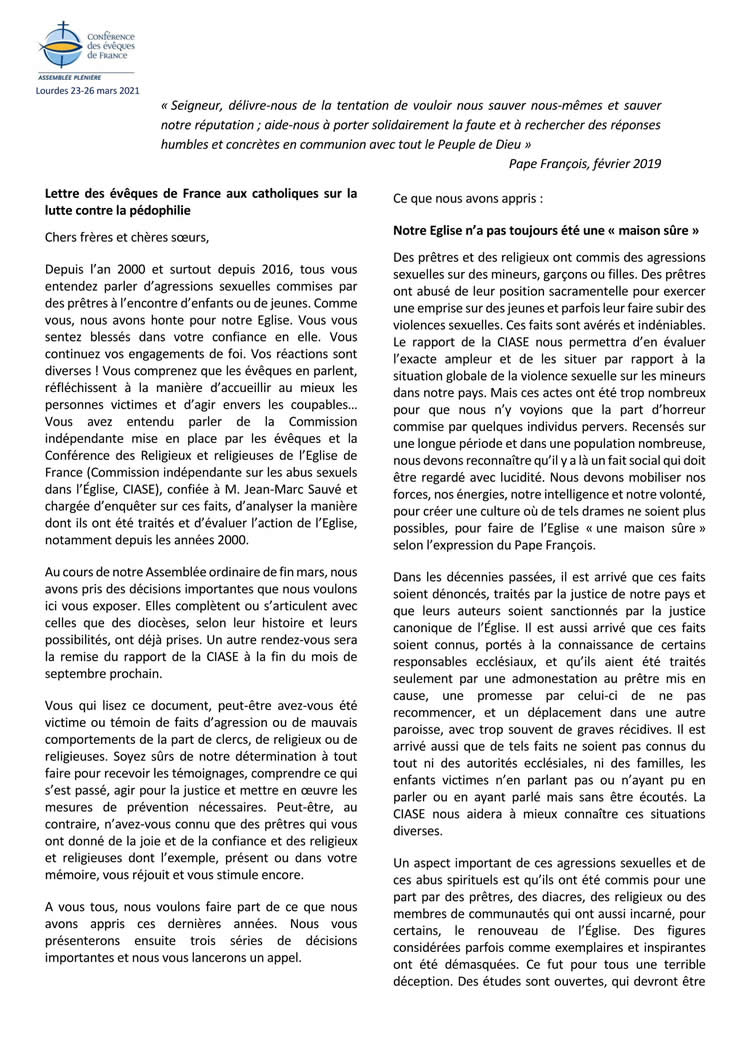 Lettre des évêques aux fidèles Page 1